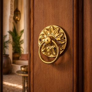 Moroccan Brass Door Knocker, Solid Brass Floral Ring Pull, Vintage Cabinet Handle, Sunburst Drawer Pull, Boho Door Hardware
