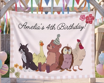 Custom Vintage Bear Birthday Banner, Woodland Bear and Animals Party Backdrop, Classic Storybook Birthday Tapestry, Yard Decor Sign