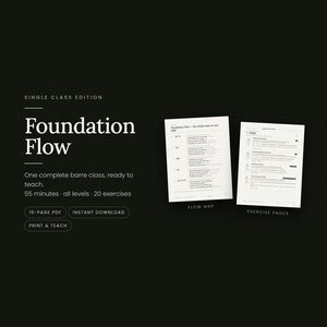 以下が含まれることがあります： Foundation Flowと題された15ページのPDFで、55分のバーエクササイズクラスの単発版です。このドキュメントには、全レベル向けの20のエクササイズを含むフローマップとエクササイズページが含まれており、印刷して指導するために即座にダウンロード可能です。