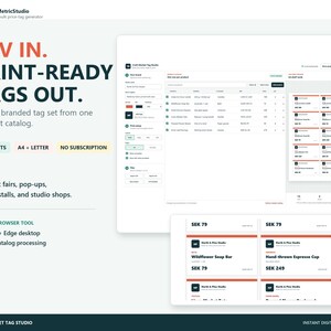 Könnte beinhalten: Eine digitale Benutzeroberfläche für TidyMetricStudio, einen Offline-Generator für Preisschilder in großen Mengen. Der Bildschirm zeigt eine Produktkatalogtabelle, Druckeinstellungen und eine Vorschau druckbarer Etiketten mit Text.