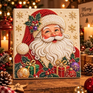 May include: A square diamond painting canvas featuring a detailed portrait of Santa Claus with a white beard, red hat, and glasses. The design is embellished with small beads, gold snowflakes, green holly leaves, red berries, and colorful gift boxes.
