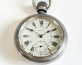 Antike, gewartet, Eisenbahn Waltham Modell 1892. Schwere Münzsilberdose.
