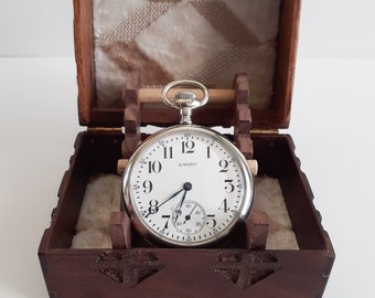 Antique, Serviced, Equity 15 Jewel pocket watch. Made by Waltham in 1914, With wood box and stand