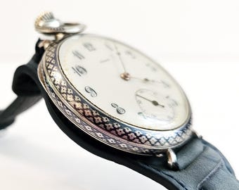 Antique, Serviced, 15 Jewel Swiss Art Nouveau, Niello silver case, wrist watch conversion. 1900