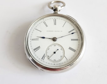 Reloj de bolsillo antiguo, revisado, Hampden de 7 joyas, de cuerda con llave, plata de ley, 1879
