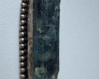 Raw Kyanite Pendant Necklace, Sterling Silver Bezel, Blue Crystal, Leather Cord, Boho Gemstone
