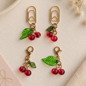 Red Cherry Charm with Green Leaf, Journal Accessory, Zipper Pull, Paperclip Option