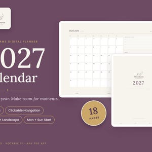 May include: A 2027 digital planner featuring a landscape monthly calendar view and a portrait cover page. The design includes the text RhinoRoams, 2027 Calendar, Plan the year. Make room for moments., 18 Pages, Clickable Navigation, Portrait + Landscape, Mon + Sun Start, Goodnotes, Notability, Any PDF App.