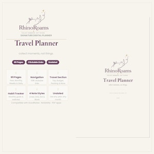 May include: A digital travel planner titled RhinoRoams with a rhino logo. It features 69 pages, clickable links, and an undated format. Sections include a habit tracker, four note styles, and travel planning tools compatible with PDF apps.