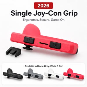 May include: A red single Joy-Con grip controller accessory featuring black SL and SR buttons, a small green indicator light, and a separate black attachment piece. Text reads 2026 Single Joy-Con Grip Ergonomic. Secure. Game On. Available in Black, Grey, White & Red.