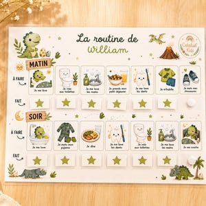 Könnte beinhalten: Ein weißer, rechteckiger Tagesablaufplan für Kinder mit dem Titel La routine de William, verziert mit Dinosaurier-Illustrationen, Morgen- und Abendaufgaben mit Symbolen für Hygiene, Anziehen und Mahlzeiten sowie grünen Sternaufklebern.