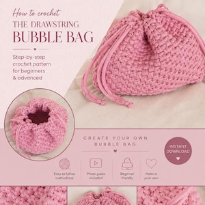 Könnte beinhalten: Eine rosa gehäkelte Kordelzugtasche mit strukturiertem Stichmuster und passenden rosa Kordeln. Das Bild enthält Text: SOLINE CROCHET, How to crochet THE DRAWSTRING BUBBLE BAG, PDF TUTORIAL, INSTANT DOWNLOAD und weitere Symbole.