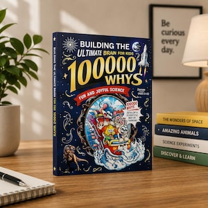 May include: A hardcover book titled Building the Ultimate Brain for Kids 100000 Whys with a dark blue cover featuring a rocket, a dinosaur, and cartoon animals in a roller coaster. The text includes Fun and Joyful Science and 2nd Edition.