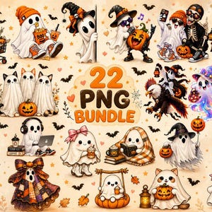 22 Ghost PNG Bundle Glam Ghost Boo Jee Patchwork Ghost Pastel Goth Witch Hat Halloween Fall Dark Coquette Digital Products watercolor
