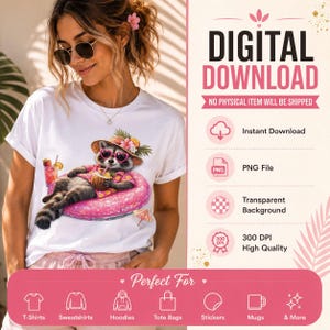 Summer Tropical Beach Raccoon PNG Cute Funny Sublimation Hawaiian Shirt Vacation Clipart Pool Float Trash Panda Animal Lover Gift Download