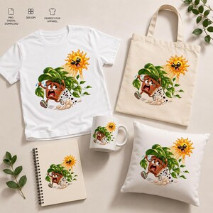 May include: A white t-shirt, a beige tote bag, a white ceramic mug, a spiral-bound notebook, and a white throw pillow, each featuring a graphic of a cartoon potted plant running away from a bright yellow sun wearing black sunglasses.