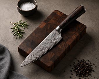Personalized Chef Knife, Custom Engraved Damascus Style Kitchen Knife, BBQ Gift