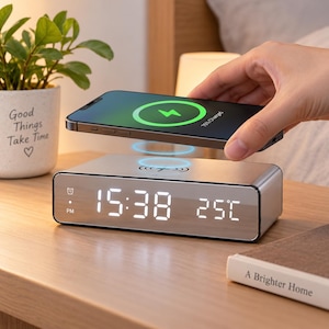 Wireless Charging Alarm Clock, LED Time & Temperature Display, 5W Phone Charger, Modern Bedside Accessory, Minimalist Home Decor
