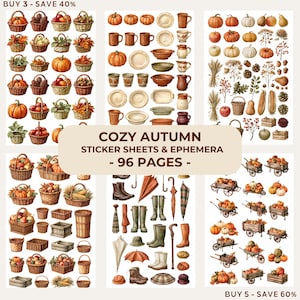 Könnte beinhalten: Eine Sammlung von 96 Seiten mit Aufkleberbögen und Ephemera, die herbstliche Motive wie Kürbisse, geflochtene Körbe, Keramikgeschirr, saisonale Erzeugnisse, Gummistiefel, Regenschirme und Holzwagen zeigen, mit dem Text COZY AUTUMN STICKER SHEETS & EPHEMERA - 96 PAGES.