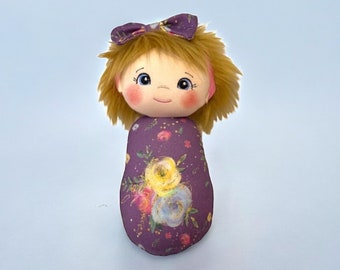 Cloth Doll Gift for Baby Shower Handmade Swaddle Fabric Doll for Toddler Girl Nursery Decor First Birthday Gift Purple Floral Print Rag Doll