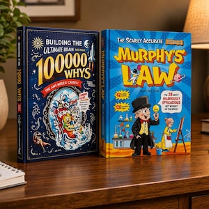 May include: Two hardcover books titled Building the Ultimate Brain 100000 Whys and The Scarily Accurate Caricature Murphy's Law. The first book features a dark blue cover with space graphics, while the second has a light blue cover with a cartoon scientist.