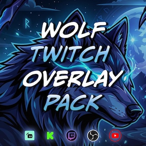 May include: A digital graphic featuring a dark blue wolf with glowing light blue accents and the text WOLF TWITCH OVERLAY PACK. Below the wolf are five small circular icons representing various streaming platforms in light green, green, purple, black, and red.