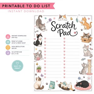 Scratch Pad Cat To Do List Printable: Single Printable To Do List, Digital Download To Do List, Cat To Do List, Cat Mom, Cat Dad, Cat List