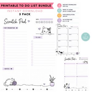Cat Scratch Pad To Do List Printable Bundle: Productivity Planner Pages, Digital Download To Do List, Cat Mom, Cat Dad, Cat Parent, Cat List