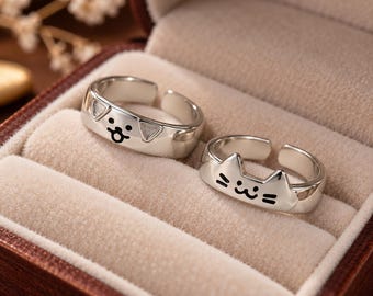 Kawaii Cat & Dog Couple Rings, 2PCS Adjustable Matching Rings for Women Men, Cute Animal Lover Jewelry, Valentine Gift