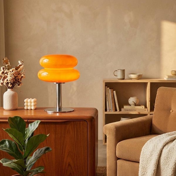 Retro Orange Glass Table Lamp | 70s Vintage Style Mushroom Lamp | Mid Century Modern Home Decor | Chrome Base Bedside Lamp | Cozy Lighting