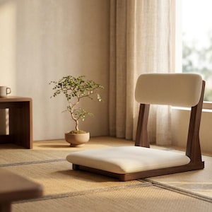 Japandi Floor Chair | Low Lounge Chair with Backrest | Tatami Meditation Chair | Wood & Cushion Reading Chair | Minimalist Home Decor