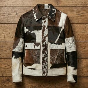 Patchwork Hair-On Leather Jacket: Brown, White, Black Cowhide Biker Style