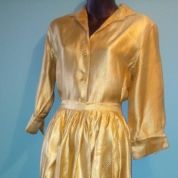 1950s Gold Dress 50s Gold 2 Piece 50s Cocktail Dress Blouse Skirt Dress Gold Lurex Metallic Hollywood Dress Party Dress by Aldens Waist 24