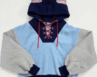 Hoodie met kattenoortjes voor dames, cropped model, kawaii anime streetwear, Y2K colorblock trui