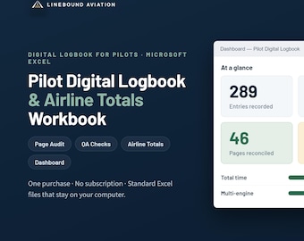 Foglio di calcolo Excel per il registro di volo digitale: monitoraggio delle ore di volo, verifica delle pagine e totali per compagnia aerea.