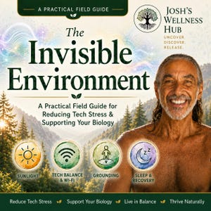 Op de afbeelding: Een boekomslag met de titel The Invisible Environment: A Practical Field Guide for Reducing Tech Stress & Supporting Your Biology. Het toont een glimlachende man, een bosachtergrond en vier ronde iconen voor zonlicht, technologie, aarding en slaap.