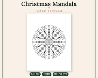 Christmas Mandala Coloring Page, Winter Holiday Adult Printable (PDF PNG SVG)