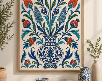 Iznik-kakeltryckset, ottomansk blommig väggkonst (digital nedladdning)