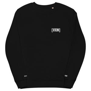 May include: A black long-sleeve sweatshirt featuring a white text graphic on the upper left chest that reads [VXN]. The sleeve cuffs display small white text, with the left cuff showing REM and the right cuff showing OME in a sans-serif font.