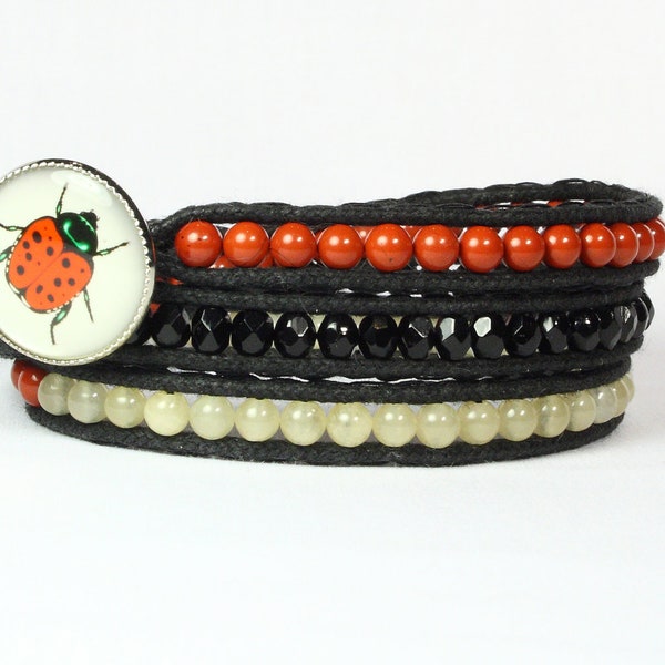 Wrap Bracelet Red Jasper and Honey Jade Gemstones Ladybug button CarolMade W7