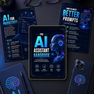 Peut inclure: Une tablette affichant The AI Assistant Handbook avec un graphique de profil robotique, entourée de deux fiches informatives intitulées AI for Productivity et How to Write Better Prompts, un carnet à spirales avec une icône de cerveau et un smartphone.