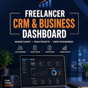 Peut inclure: Un tableau de bord numérique Freelancer CRM & Business affiché sur un écran d'ordinateur portable, présentant un aperçu des revenus, des clients actifs, des projets et des factures. L'interface inclut des graphiques et des icônes de gestion.