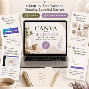 Peut inclure: Un guide numérique intitulé Canva for Beginners présentant une méthode étape par étape pour créer de beaux designs. La mise en page comprend un ordinateur portable affichant le guide, quatre pages d'instructions, un carnet avec le texte plan create grow et un bouton intitulé GET YOUR GUIDE NOW.