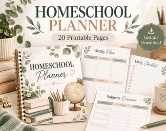 May include: A spiral-bound homeschool planner with 20 printable pages featuring botanical illustrations. The cover displays the text HOMESCHOOL PLANNER with a globe and books. Included are sheets for a weekly plan, daily checklist, and subjects overview.