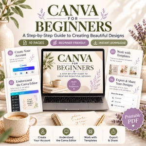 Peut inclure: Un guide numérique intitulé Canva for Beginners: A Step-by-Step Guide to Creating Beautiful Designs, affiché sur un écran d'ordinateur portable avec quatre pages détaillant la création de compte, l'éditeur, les modèles et l'exportation.