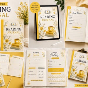 Peut inclure: Un journal de lecture imprimable de 15 pages avec un motif floral jaune et blanc, une pile de livres et une tasse de café. Les pages comprennent des sections pour les critiques de livres, les suivis de lecture, les objectifs et les statistiques.