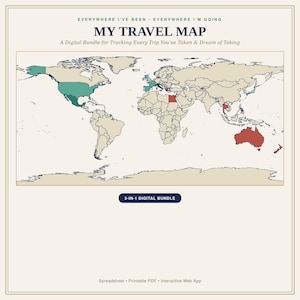 Può includere: Una mappa di viaggio digitale intitolata MY TRAVEL MAP con il sottotitolo A Digital Bundle for Tracking Every Trip You've Taken & Dream of Taking. La mappa del mondo presenta terre color beige con paesi selezionati in verde acqua e rosso.