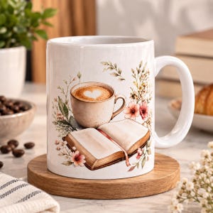 Puede incluir: Una taza de cerámica blanca con una ilustración impresa de un libro abierto y una taza de café con arte latte en forma de corazón, rodeada de delicadas flores rosas y follaje verde. La taza tiene un acabado liso y un asa curva a la derecha.