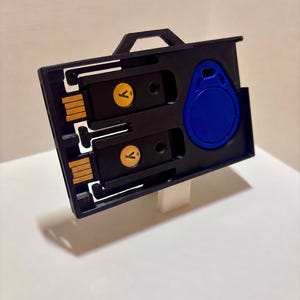 May include: A black 3D-printed plastic holder containing two black USB security keys with gold circular buttons featuring a Y logo and a blue oval-shaped RFID fob. The holder has a rectangular frame with a top loop for attachment to a keychain.
