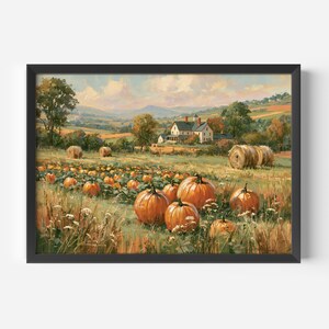 May include: A framed landscape painting depicting a pumpkin patch in the foreground with orange pumpkins resting on green vines. In the background, a white farmhouse sits among rolling hills, trees, and hay bales under a soft, cloudy sky.